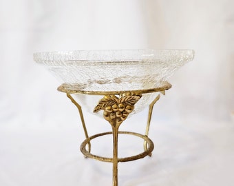 Vintage Footed Brass Crackle Glass Grape Centerpiece Compote Dish Bowl