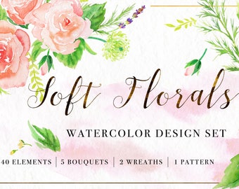 Soft Florals Handpainted Watercolor Clipart, Digital Clip Art, DIY Design Set, Pink Peach Pastel Roses Wedding Invitation Template PNG