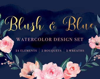 Blush and Blue Watercolor Clipart, Dreamy Peach Coral Pink Handpainted Florals, Instant Download Digital Art PNG, Painted Roses Anemone