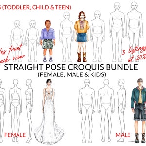 Op de afbeelding: Een set modecroquis-sjablonen voor het tekenen van kledingontwerpen. De sjablonen omvatten voor- en achterkant van vrouwelijke, mannelijke en kinderfiguren in staande houding. De tekst "STRAIGHT POSE CROQUIS BUNDLE (FEMALE, MALE & KIDS)" staat bovenaan de afbeelding.