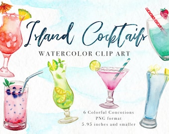 Island Cocktails Watercolor Clip Art, Digital Instant Download PNG, Vibrant Colorful Tropical Drinks, Handpainted Clipart Set