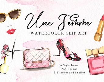 Une Femme Watercolor Clip Art, Stylish Fashion Painting, Digital Instant Download PNG, Style Jewellery Lipstick Print Illustration