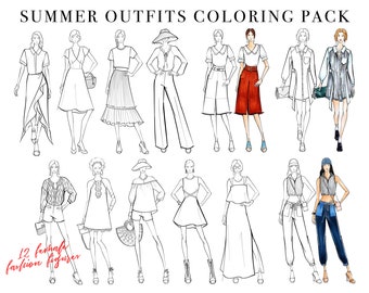 Summer Outfits Colouring Pack (Vol. 1), Coloring Page, Female Fashion Figure Template, Fashion Illustration, Fashion Sketch, Fashion Draw