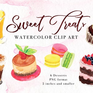 Sweet Treats Watercolor Clip Art Desserts, Digital Instant Download PNG, Cakes Macaron Cupcake Pudding Parfait, Handpainted Clipart Set image 1