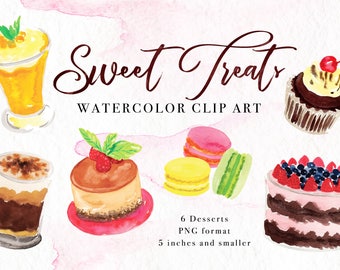 Sweet Treats Watercolor Clip Art Desserts, Digital Instant Download PNG, Cakes Macaron Cupcake Pudding Parfait, Handpainted Clipart Set