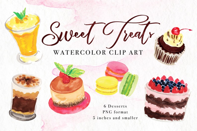 Sweet Treats Watercolor Clip Art Desserts, Digital Instant Download PNG, Cakes Macaron Cupcake Pudding Parfait, Handpainted Clipart Set image 1