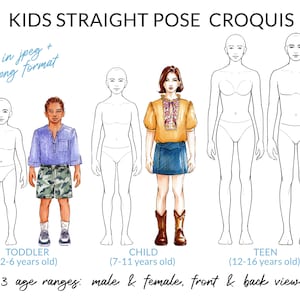 Kids Straight Pose Fashion Croquis, Child Fashion Figure Template, Children Body Pose for Fashion Illustration, Fashion Sketch, Fashion Draw