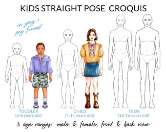 Kids Straight Pose Fashion Croquis, Child Fashion Figure Template, Children Body Pose for Fashion Illustration, Fashion Sketch, Fashion Draw