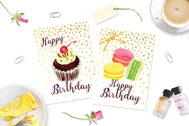 Sweet Treats Watercolor Clip Art Desserts, Digital Instant Download PNG, Cakes Macaron Cupcake Pudding Parfait, Handpainted Clipart Set image 2
