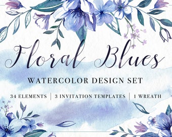 Floral Blues Handpainted Watercolor Clipart, Digital Clip Art, DIY Design Set, Blue Flowers Floral Design Wedding Invitation Template PNG