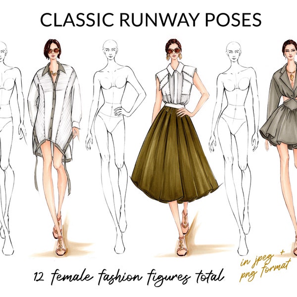 Runway Poses Croquis Pack, Weibliche Mode Figur Vorlage, Pose für Modedesign, Mode Illustration, Mode Skizzieren, Mode Zeichnung