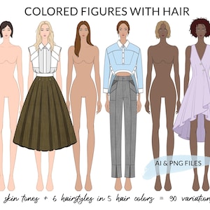 May include: Five digital illustrations of female figures with different hairstyles and skin tones. Each figure is wearing a different outfit, including a skirt, trousers, and a dress. The text "COLORED FIGURES WITH HAIR" is at the top of the image. The text "AI & PNG FILES" is at the bottom of the image. The text "3 skin tones + 6 hairstyles in 5 hair colours = 90 variations" is at the bottom of the image.