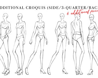 Side/Three-Quarter/Back Pose Fashion Croquis Pack, Female Figure Template, Body Pose for Fashion Illustration, Fashion Sketch, Fashion Draw