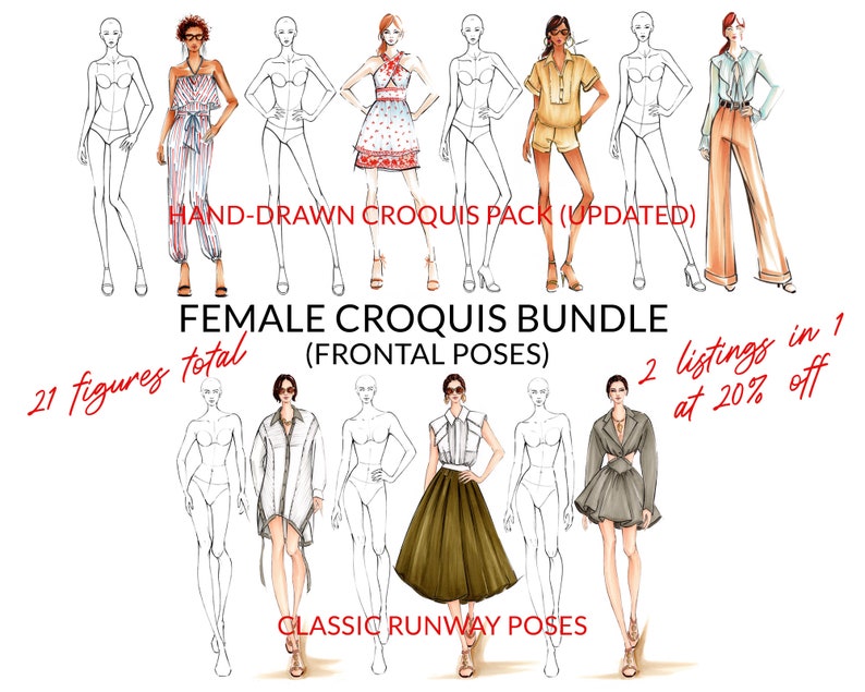 Female Croquis Bundle, Female Figure Template, Frontal Poses for Fashion Illustration, Fashion Sketching, Fashion Drawing, Fashion Design image 1
