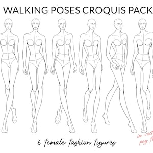 女性のランウェイファッションポーズ 歩く人物 クロッキーパック ファッションイラスト用女性ボディフィギュアテンプレート ファッションスケッチ ファッションドロー