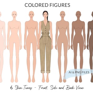 May include: Six female figures in different skin tones, each wearing a beige jumpsuit with a cuffed hem. The figures are standing in a row, facing forward. The text "COLORED FIGURES" is at the top of the image, and the text "AI & PNG FILES" is at the bottom of the image.