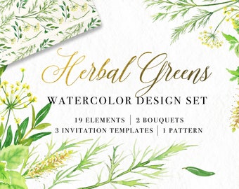 Herbal Greens Watercolor Clipart Set, Handpainted Clip Art, Digital Instant Download PNG, Herbs Leaves Bouquet Wedding Green Watercolour