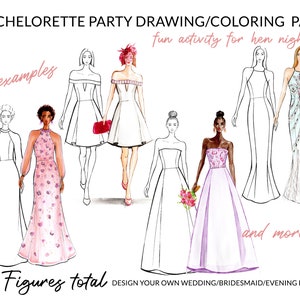 Pode incluir: Um pacote de desenho e pintura para despedida de solteira imprimível com 18 figuras no total. O pacote inclui exemplos de diferentes vestidos para colorir e desenhar seu próprio vestido de noiva, de dama de honra ou de noite. O texto "fun activity for hen night!" está incluído na imagem.