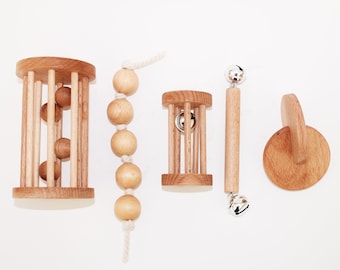 Montessori Baby Toy Set: Natural Wood Rattle, Beads & Discs