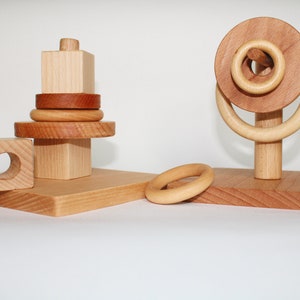 Montessori stacking Discs, rings and cubes on a horizontal and vertical dowel, gift for kids