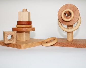 Montessori stacking Discs, rings and cubes on a horizontal and vertical dowel, gift for kids