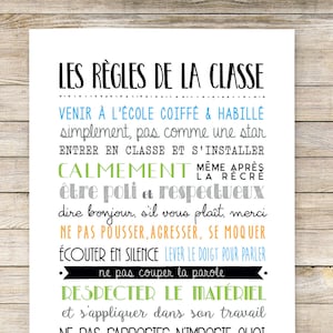 Peut inclure: Une affiche blanche avec du texte noir décrivant les règles de la classe en français. Le texte comprend "Les Règles de la Classe" et "Venir à l'école coiffé & habillé simplement, pas comme une star".