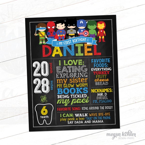 Superhero Chalkboard Poster - First Birthday - Printable File