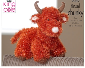 Tinsel Highland Cow & Cushion Covers Knitting Pattern, King Cole Tinsel Pattern, Highland Cow Knitting Pattern, Tinsel Cow Knitting Pattern