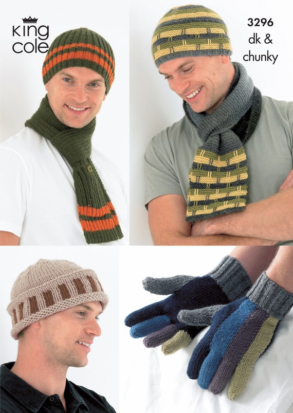King Cole Men's Hats, Scarves & Gloves Knitting Pattern 3296 - DK & Chunky King Cole Men's Hats, Scarves & Gloves Knitting Pattern 3296 - DK & Chunky