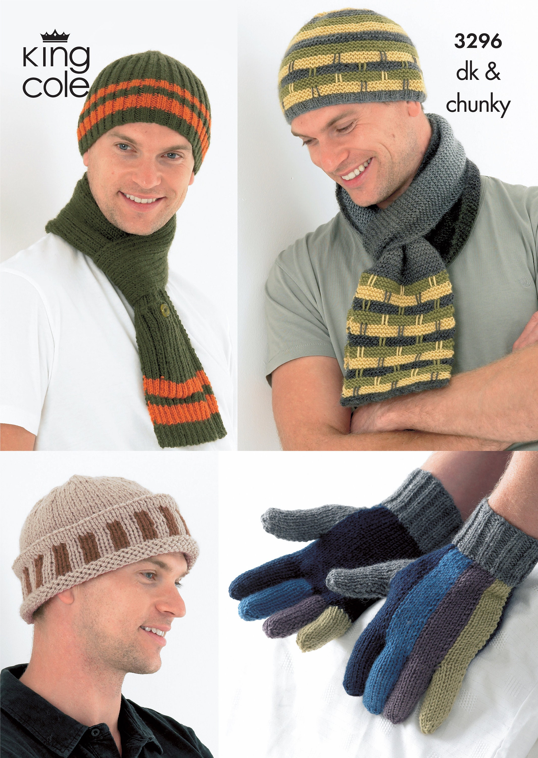 King Cole Men's Hats, Scarves & Gloves Knitting Pattern 3296 - DK & Chunky King Cole Men's Hats, Scarves & Gloves Knitting Pattern 3296 - DK & Chunky