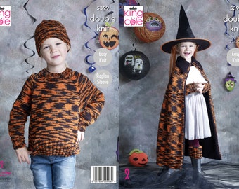 Halloween Cape,Sweater,Hat,Wrist Warmers & Leg Warmers Knitting Pattern,Kids Halloween Pattern,King Cole Halloween Pattern, Knitting Pattern