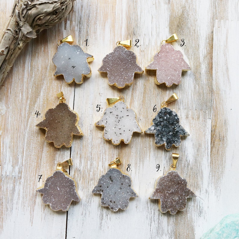 Boho Pendant Natural Pendant Gold Edged Hamsa Hand Pendant Unique Jewelry, Druzy Pendant