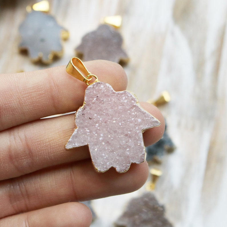 Boho Pendant Natural Pendant Gold Edged Hamsa Hand Pendant Unique Jewelry, Druzy Pendant
