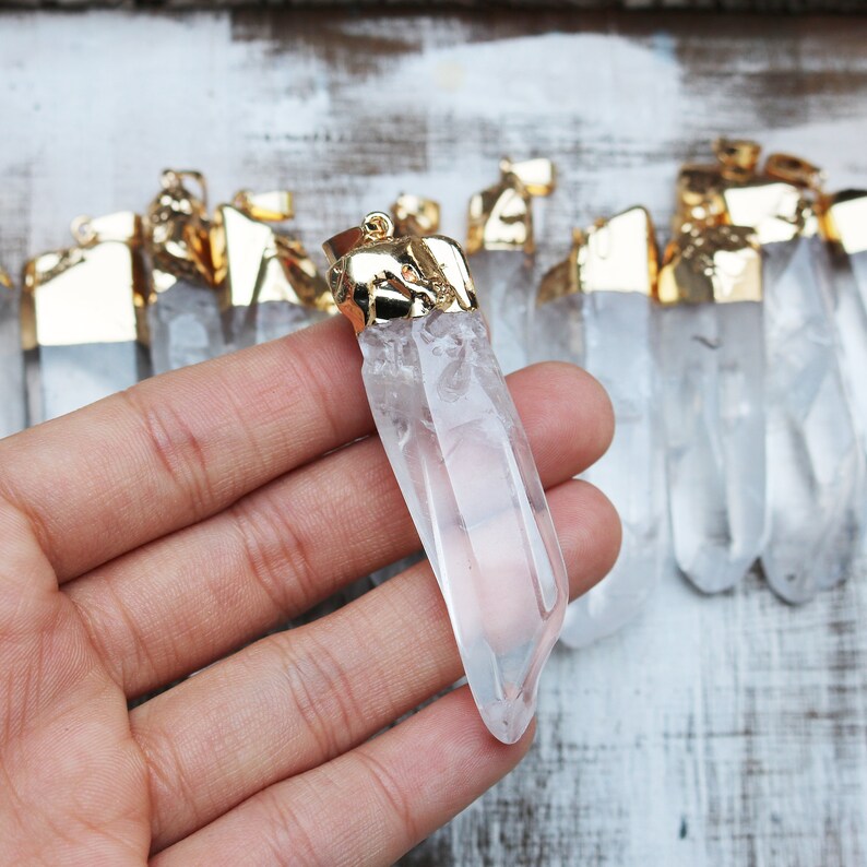 Large Quartz Pendant Gold Capped Natural Gemstones Boho - Gold Large Quartz Pendant Large Quartz Pendant Gold Capped Natural Gemstones Boho - Gold Large Quartz Pendant