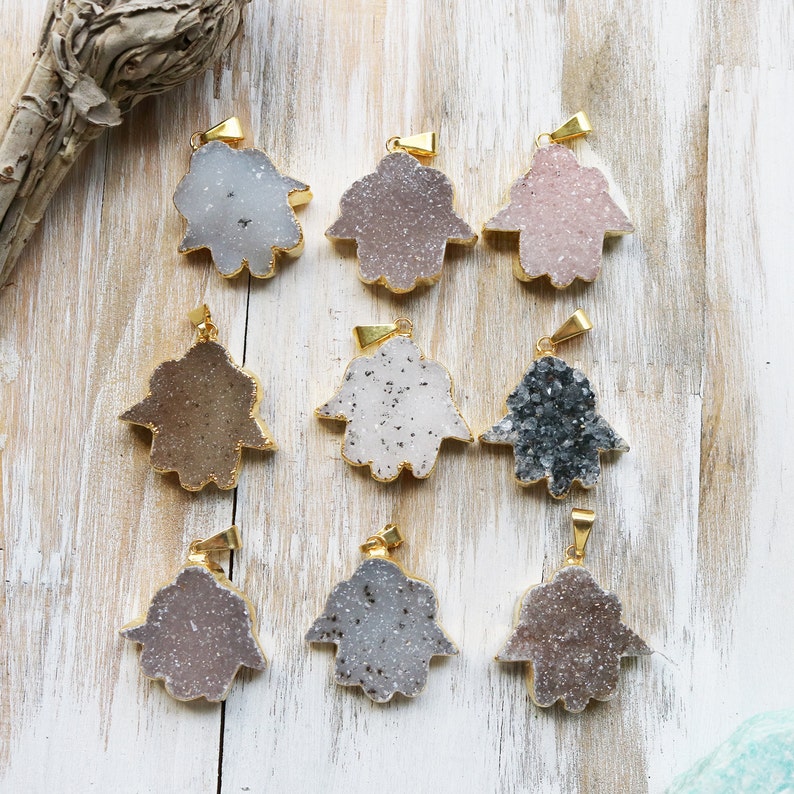 Boho Pendant Natural Pendant Gold Edged Hamsa Hand Pendant Unique Jewelry, Druzy Pendant