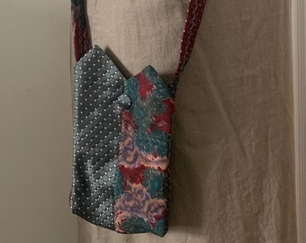 Green and berry upcycled tie cross body bag, small adjustable tie phone purse