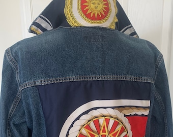 Nautical sun scarf on denim jacket, upcycled jean jacket