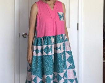 Pink tank midi dress with quilt top skirt