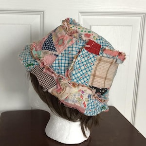 Small Shabby Patchwork bucket hat, vintage quilt hat