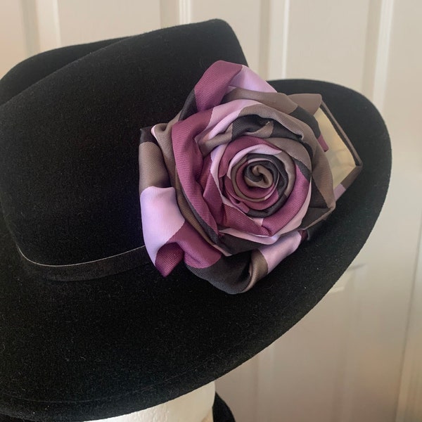 Purple, black gray Upcycled men’s tie rose brooch , mother's day flower gift