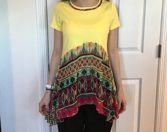 S  women’s upcycled boho top, Pixie skirt tunic in yellow and multi colors