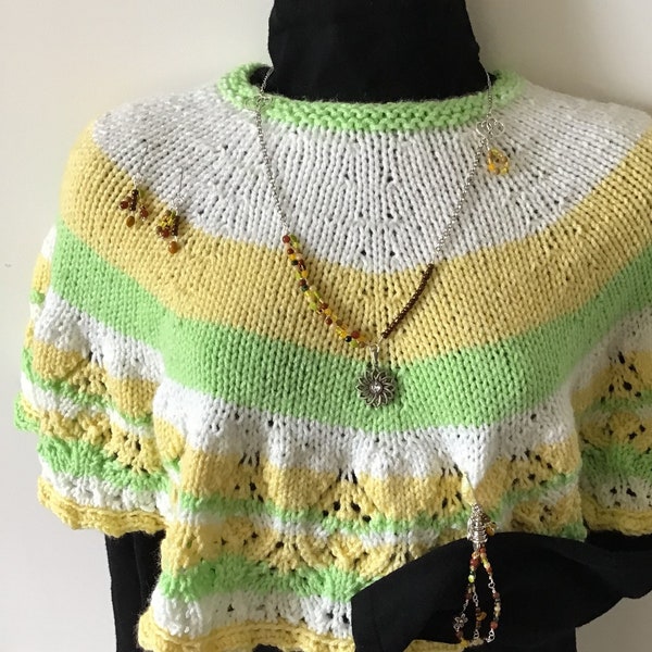 Hand knit short poncho with jewelry set, green and yellow striped lace wrap, beaded necklace, bracelet and earrings