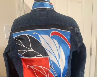 Red, white and blue Scarf on denim jacket, upcycled  jacket with scarf panel and accents