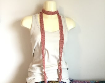 Recycled cotton skinny choker scarf, best seller tie necklace, hand knit fringe belt