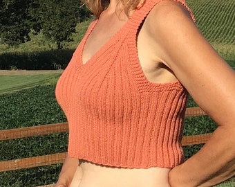 S/M Coral crop top, hand knit bodycon tank