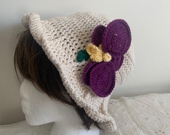 100% cotton bucket hat with pansy flower, crochet brim sun hat