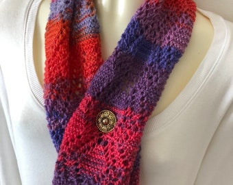 Short scarf in purple reds, hand knit lacy scarf