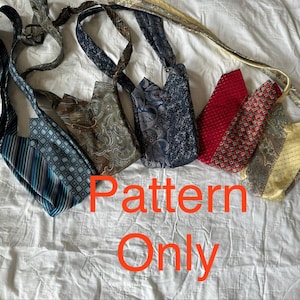 May include: A collection of five small crossbody bags crafted from repurposed neckties, featuring various patterns including stripes, geometric squares, paisley, and polka dots in blue, brown, red, and yellow. The text Pattern Only is visible.