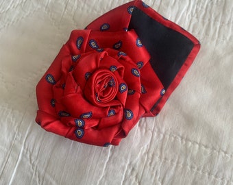 Bright red Upcycled men’s tie rose brooch , flower pin