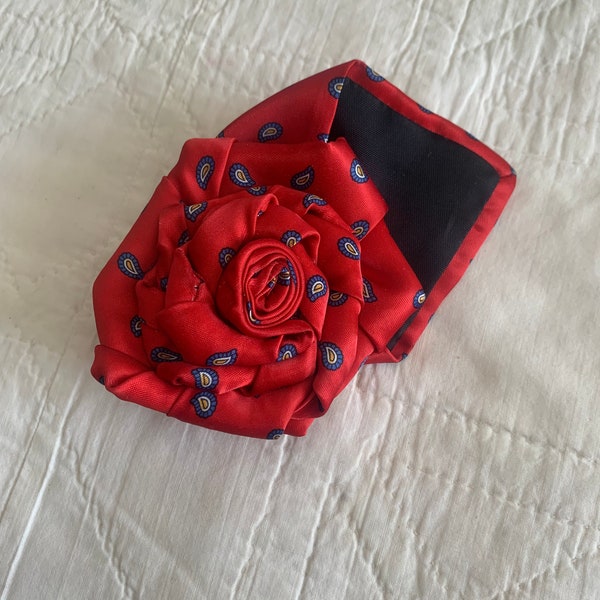 Bright red Upcycled men’s tie rose brooch , flower pin